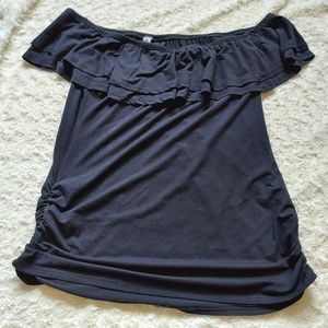 Haute Fox Black ruched ruffled neck top 1X Fun Flirty Neutral Comfy